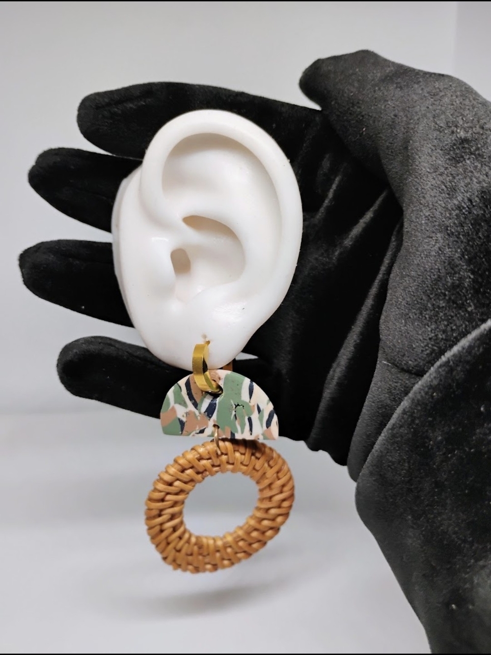Handcrafted Green Pattern & Tan Woven Hoop Drop Earrings